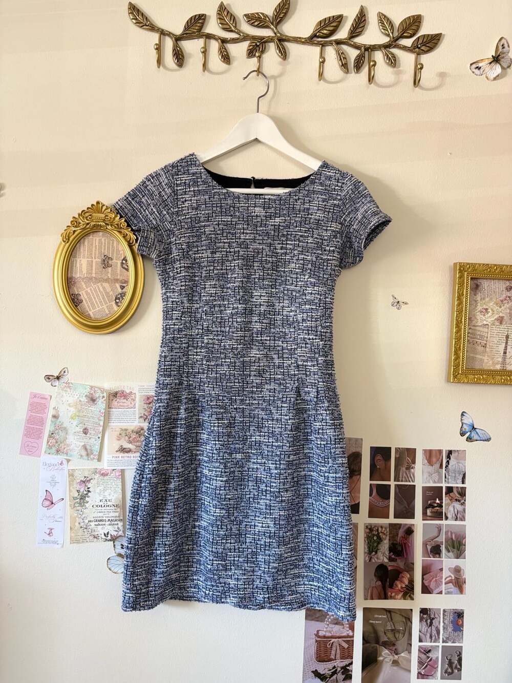 LOFT Petites Blue and White Tweed Short Sleeve Sheath Dress Size 00P